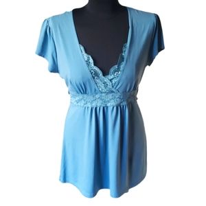Charlotte Russe Blue Lace Bow Blouse Top Tie Back Large
